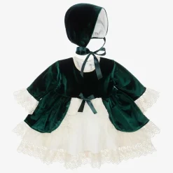 Girls Green Velvet Dress & Hat Set