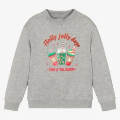 Girls Grey Cotton Festive Sweatshirt