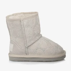 Girls Grey Heart & Diamanté Suede Boots