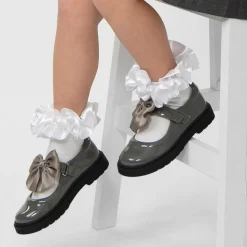 Girls Grey Patent Bow Shoes