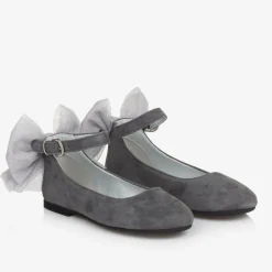 Girls Grey Suede Leather Bow Shoes