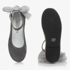 Girls Grey Suede Leather Bow Shoes