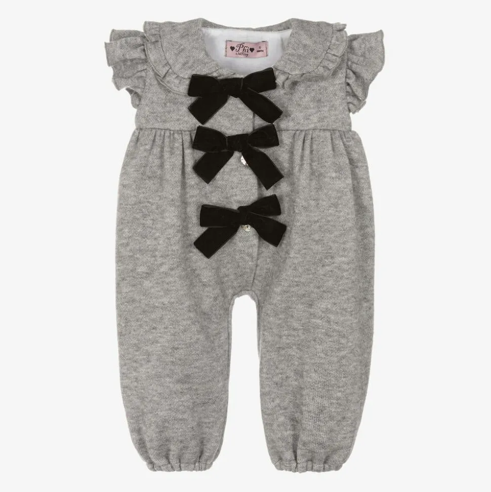 Girls Grey Viscose Knit Bow Jumpsuit
