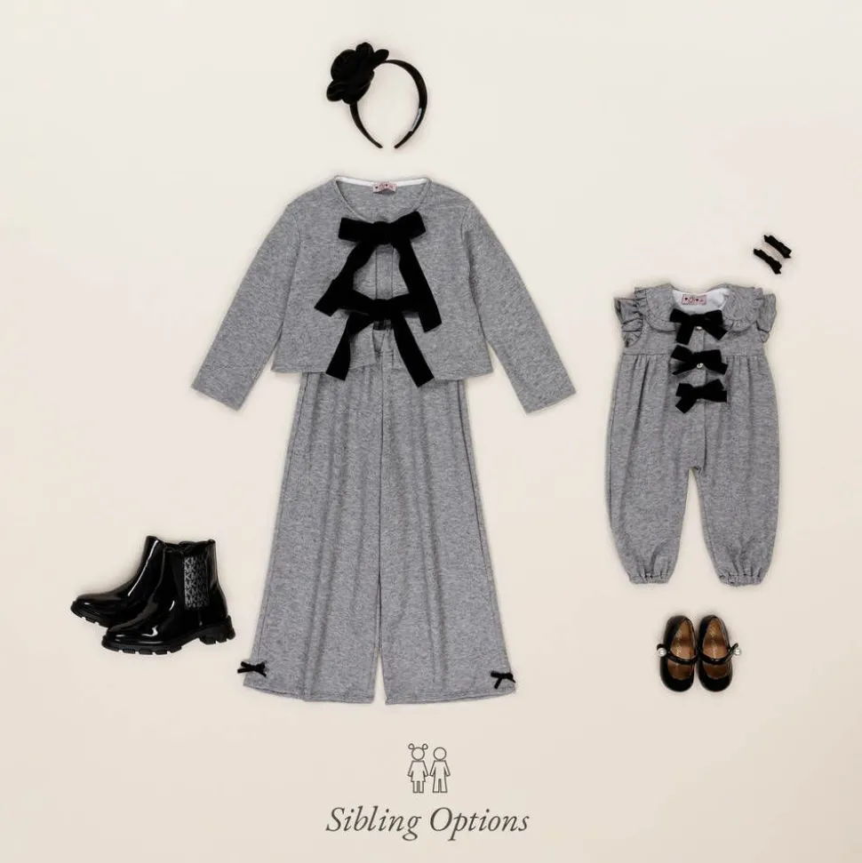 Girls Grey Viscose Knit Bow Jumpsuit