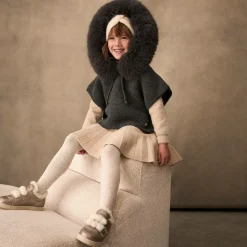 Girls Grey Wool Knit Poncho