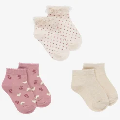 Girls Ivory & Pink Cotton Socks (3 Pack)