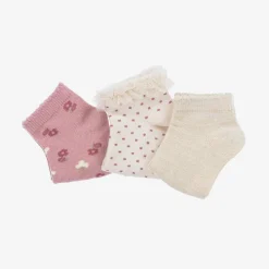 Girls Ivory & Pink Cotton Socks (3 Pack)