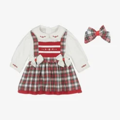 Girls Ivory & Red Tartan Pinafore Dress Set