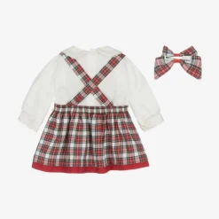 Girls Ivory & Red Tartan Pinafore Dress Set