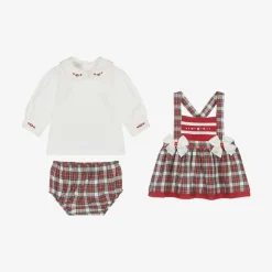 Girls Ivory & Red Tartan Pinafore Dress Set
