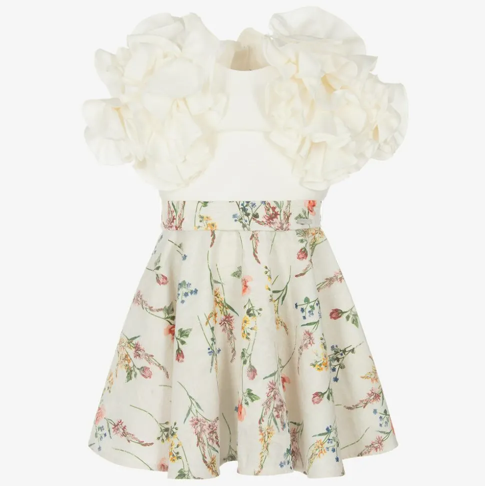 Girls Ivory Cotton & Floral Jacquard Dress