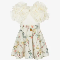 Girls Ivory Cotton & Floral Jacquard Dress