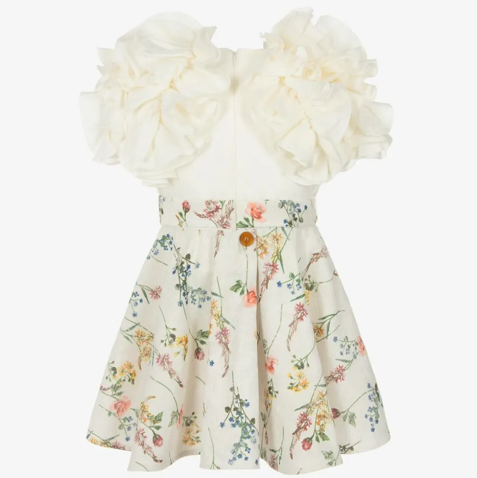 Girls Ivory Cotton & Floral Jacquard Dress