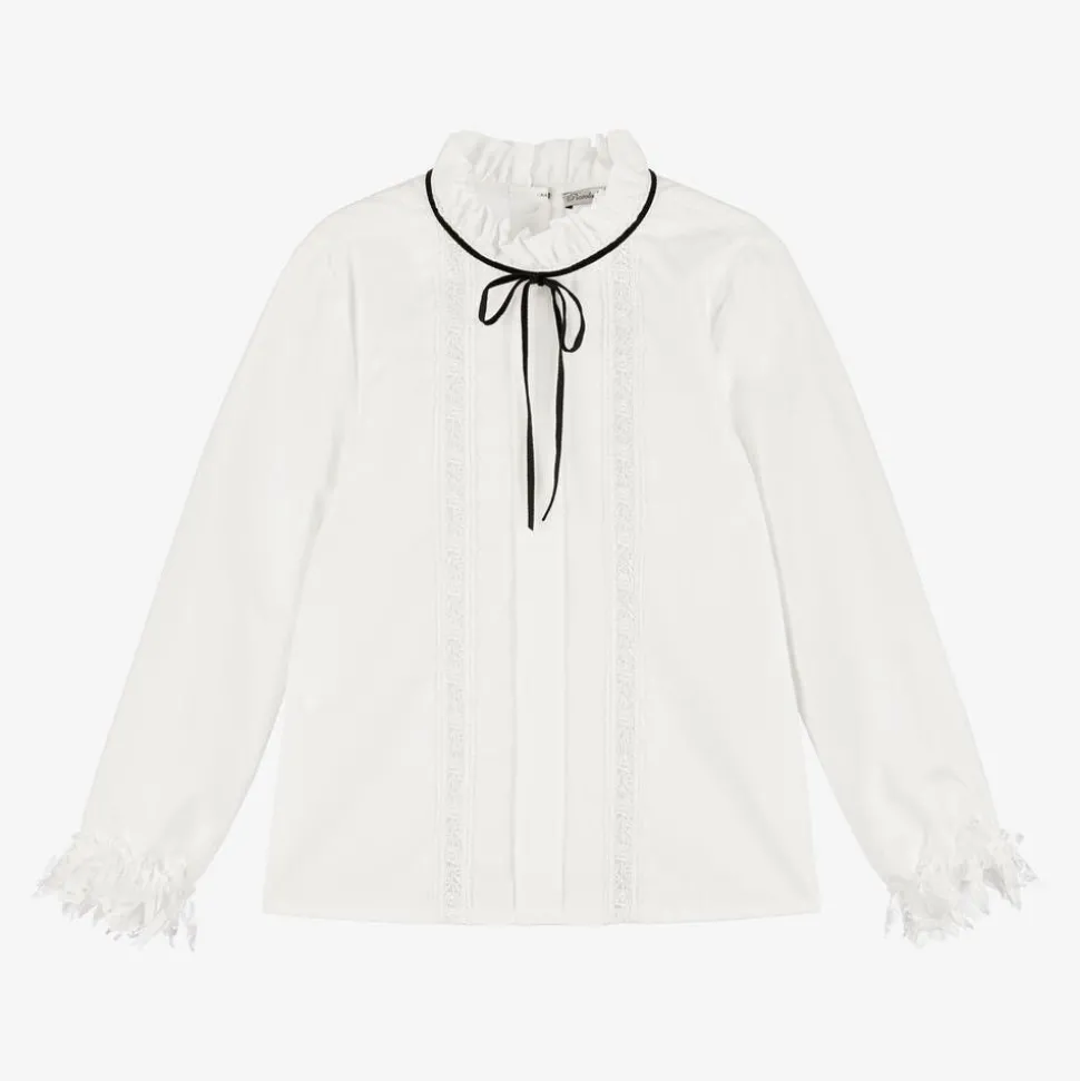 Girls Ivory Cotton & Lace Blouse