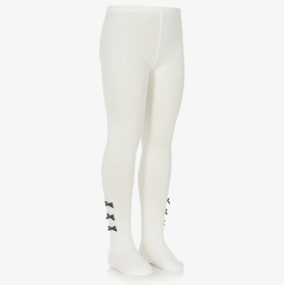 Girls Ivory Cotton Bow Tights