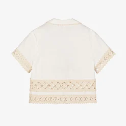 Girls Ivory Cotton Crochet Trim Shirt
