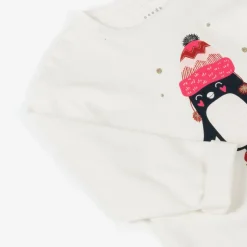 Girls Ivory Cotton Festive Penguin Top