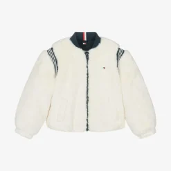 Girls Ivory Faux Fur Varsity Jacket