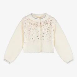Girls Ivory Fluffy Sequinned Cardigan
