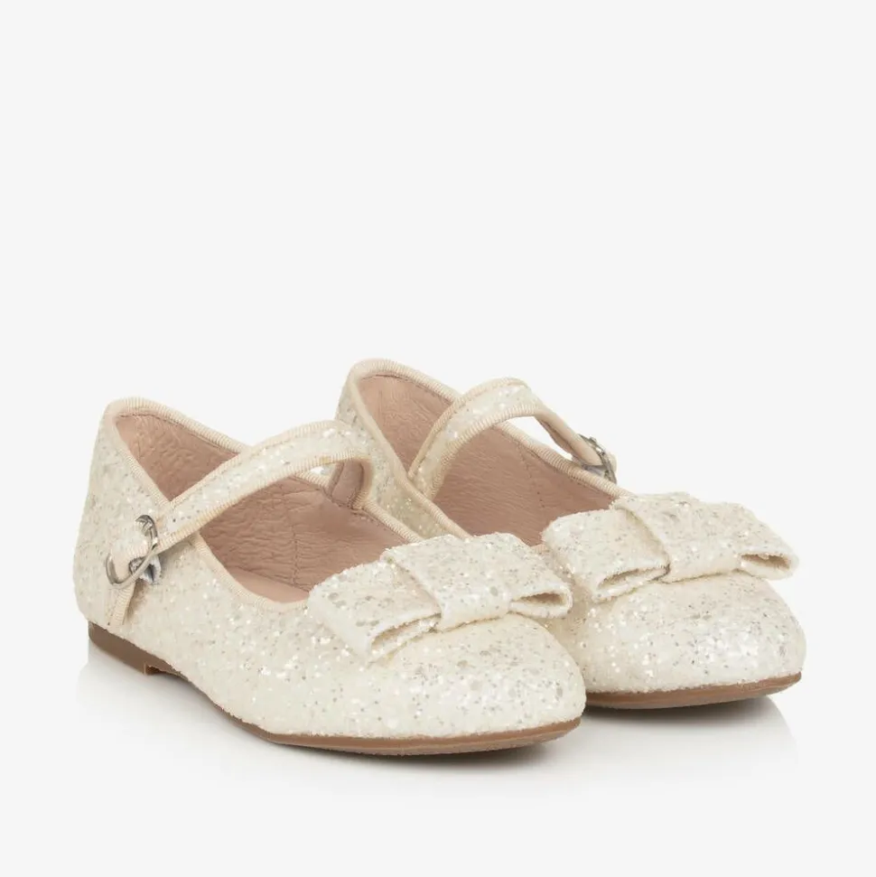 Girls Ivory Glitter Bow Pumps