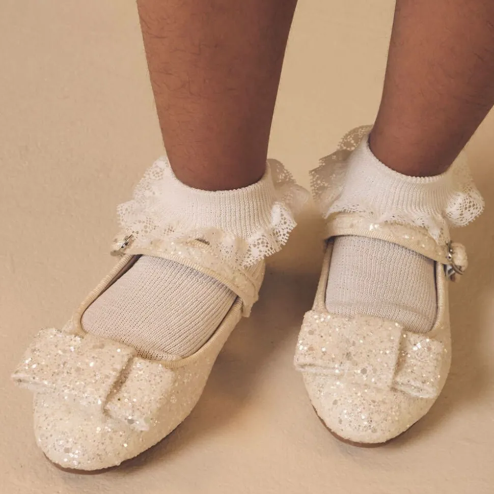 Girls Ivory Glitter Bow Pumps