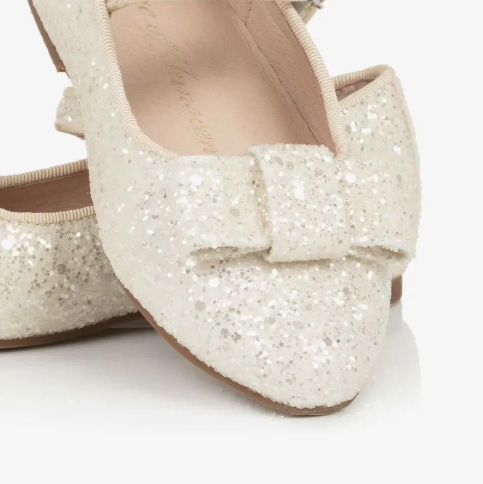 Girls Ivory Glitter Bow Pumps
