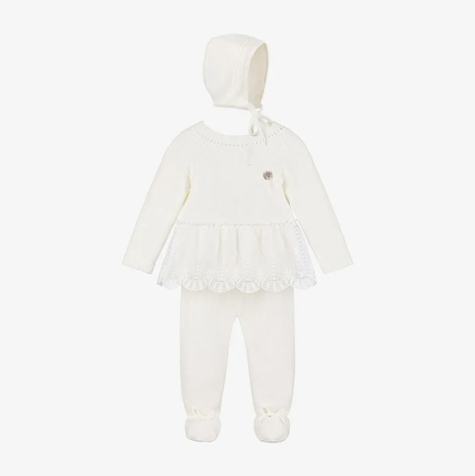 Girls Ivory Knitted Babysuit & Hat Set
