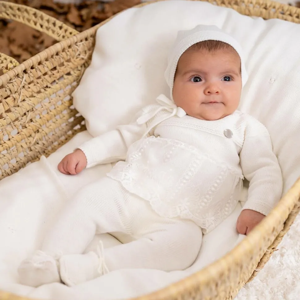 Girls Ivory Knitted Babysuit & Hat Set