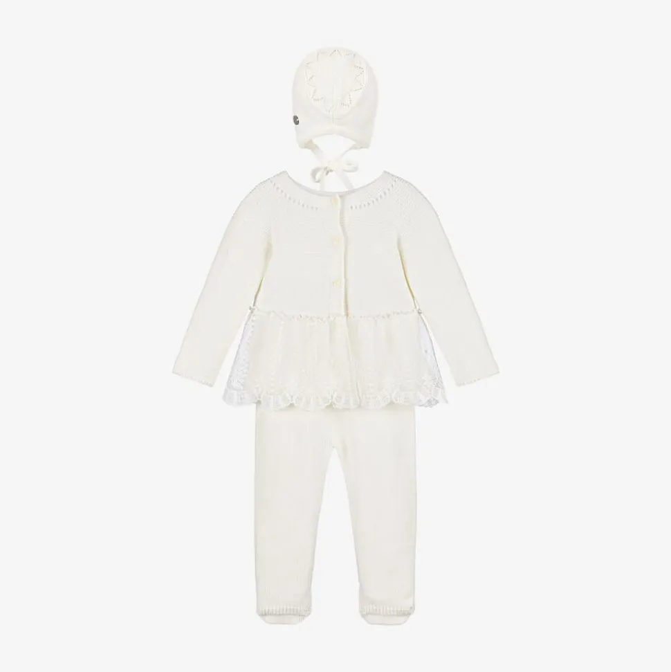 Girls Ivory Knitted Babysuit & Hat Set