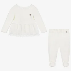 Girls Ivory Knitted Babysuit & Hat Set