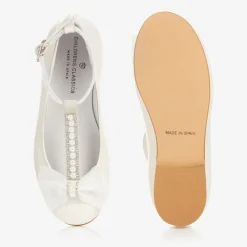 Girls Ivory Leather Ballerina Bar Shoes