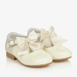 Girls Ivory Patent Faux Leather Bow Shoes