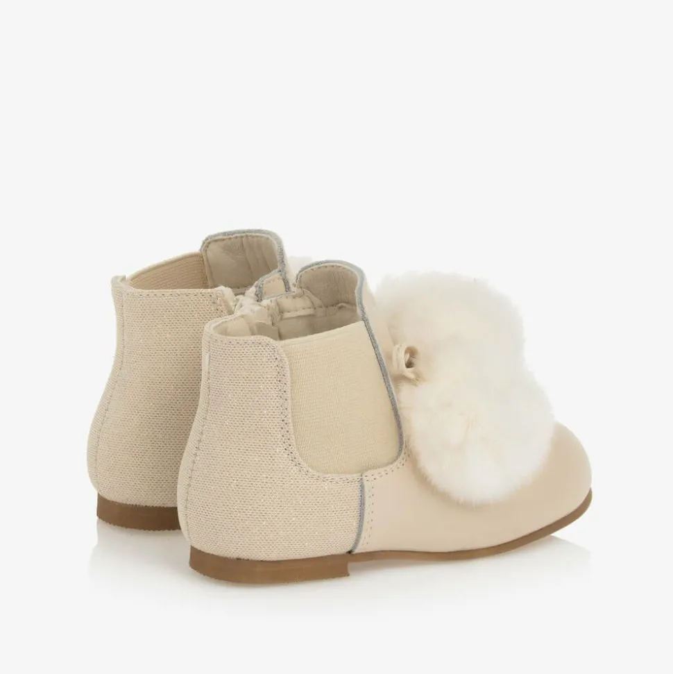 Girls Ivory Patent Leather Pom-Pom Boots