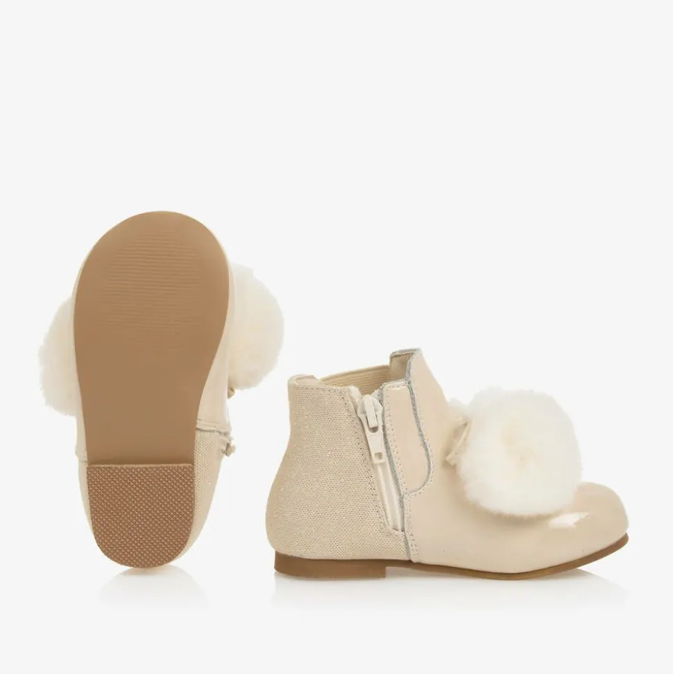 Girls Ivory Patent Leather Pom-Pom Boots