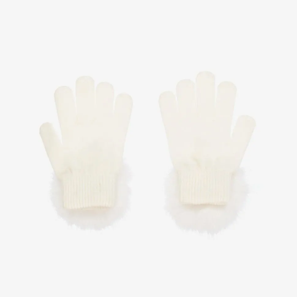 Girls Ivory Pom-Pom Knitted Gloves