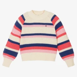 Girls Ivory Striped Cotton Sweater