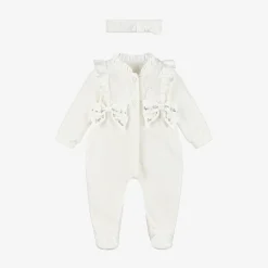 Girls Ivory Velour Babygrow Set