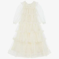 Girls Long Ivory Embroidered Tulle Dress