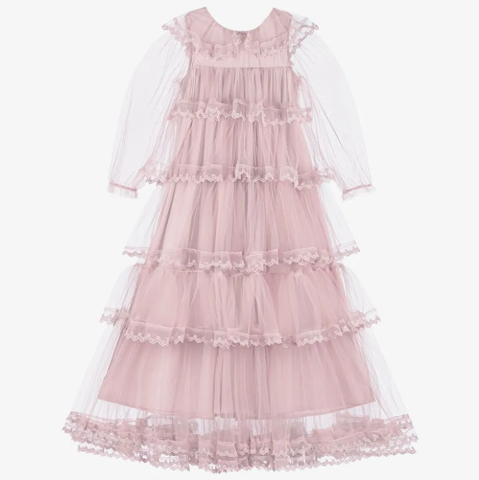 Girls Long Pink Embroidered Tulle Dress