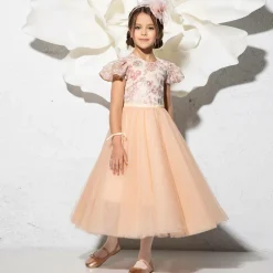 Girls Long Pink Sequinned Tulle Dress
