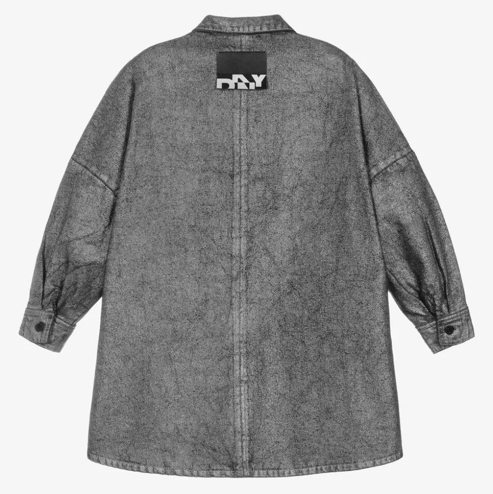 Girls Metallic Silver Denim Dress