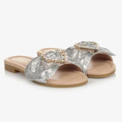 Girls Metallic Silver Heart Sliders