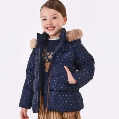 Girls Navy Blue & Beige Puffer Jacket