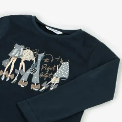 Girls Navy Blue Cotton Outfit Print Top