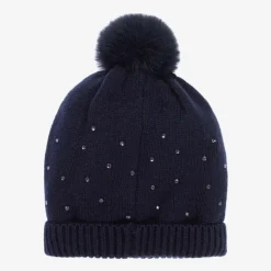 Girls Navy Blue Diamanté Cotton Knit Hat