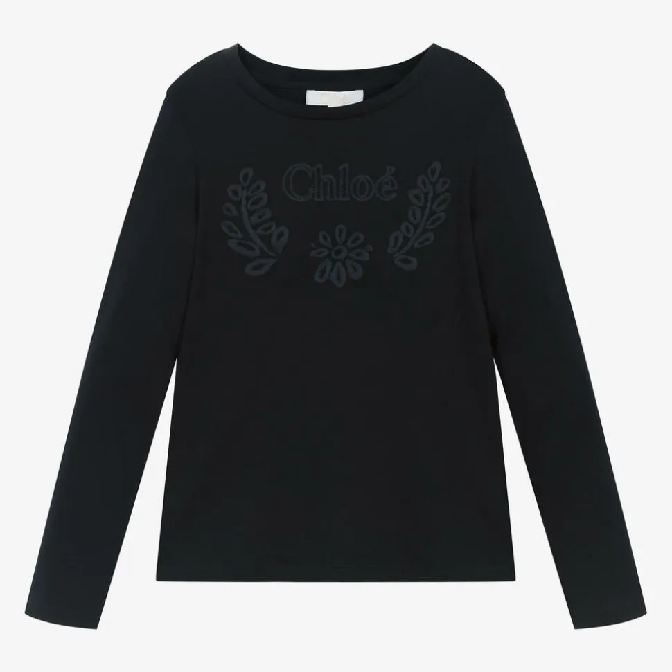 Girls Navy Blue Embroidered Cotton Top