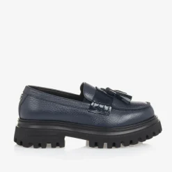 Girls Navy Blue Leather Loafers