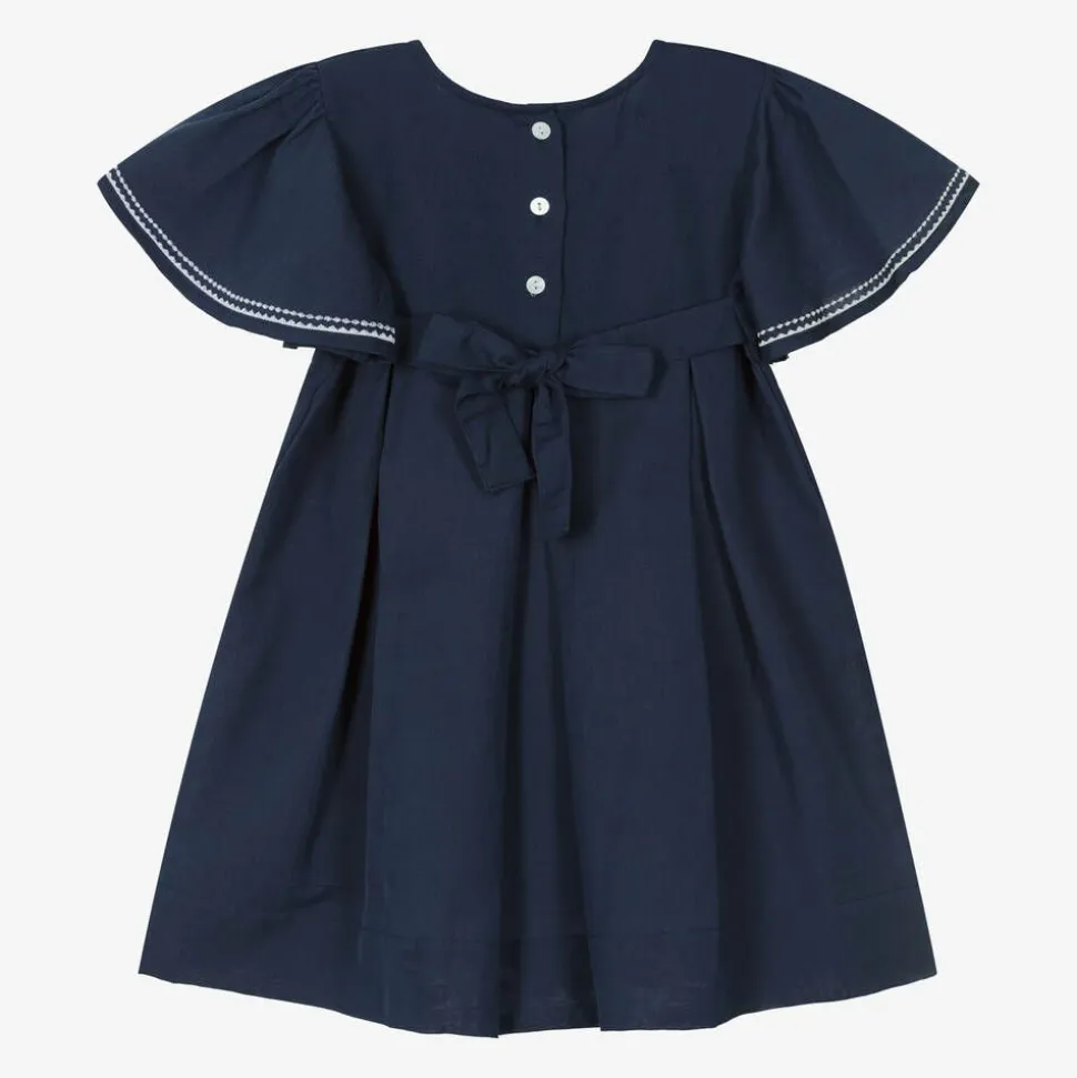 Girls Navy Blue Linen & Cotton Dress