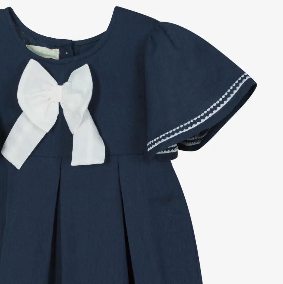 Girls Navy Blue Linen & Cotton Dress