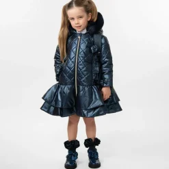 Girls Navy Blue Quilted Hooded Coat